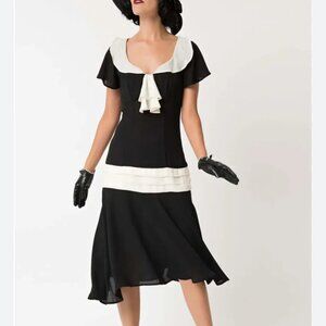 Unique Vintage 1920s Black & White Wilshire Flapper Day Dress Sz Med